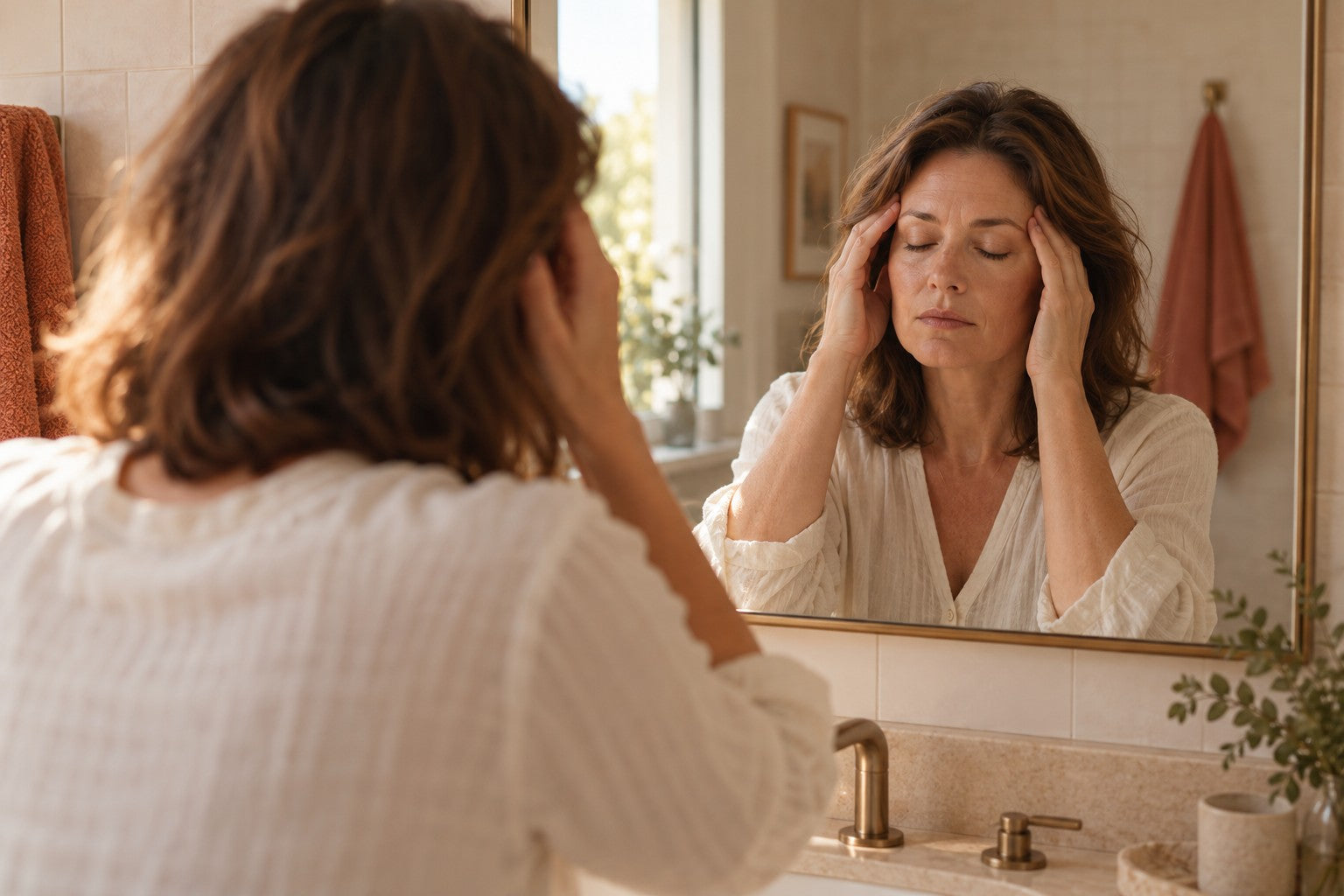 A woman taking a quiet pause in front of her mirror
