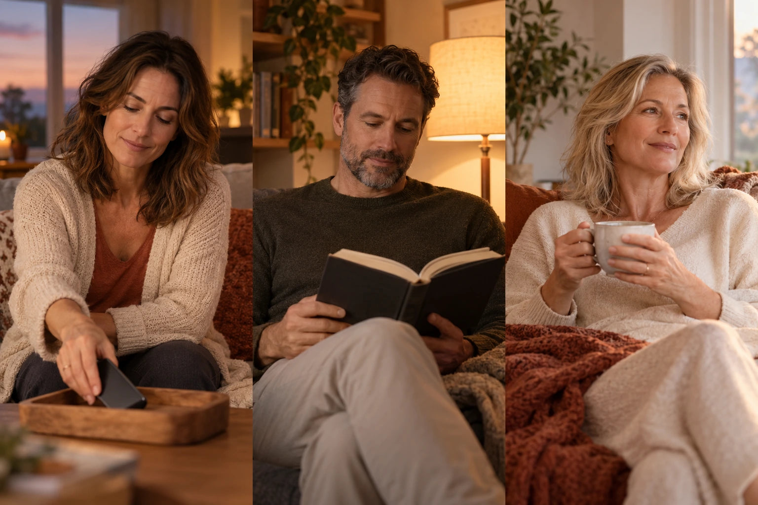 Illustrative everyday scenes related to Reishi Relax Gummies